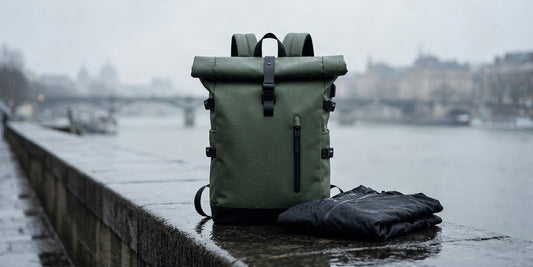 Meilleur sac à dos imperméable roll top posé sous la pluie fine sur un quai de ville