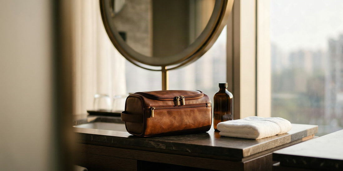 Trousse de toilette homme en simili cuir marron posée sur le comptoir d'une salle de bain d'hôtel