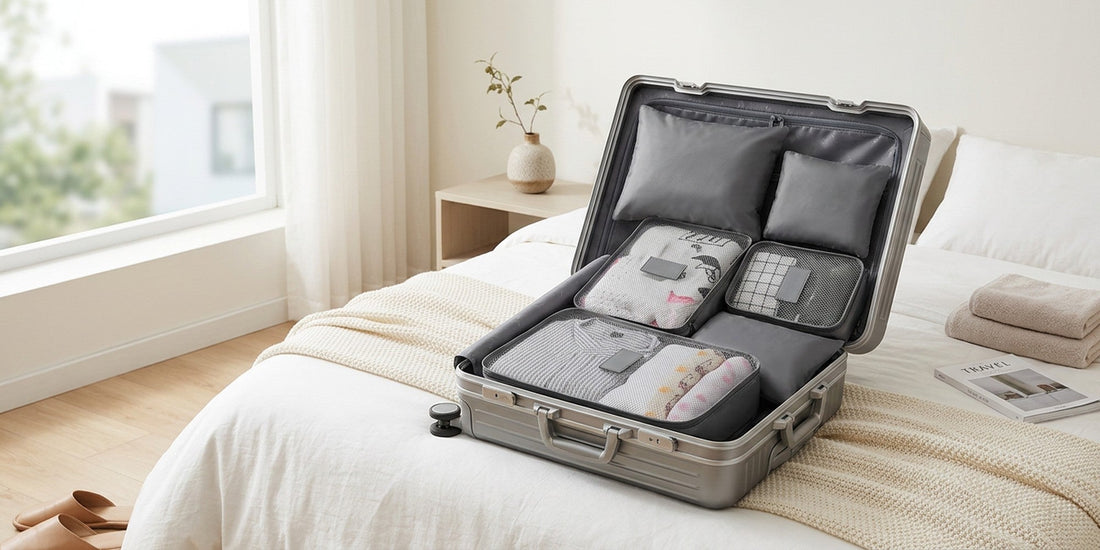Organisateur de valise : cubes de rangement gris organisés dans une valise ouverte
