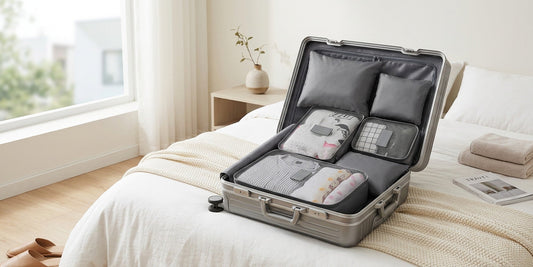 Organisateur de valise : cubes de rangement gris organisés dans une valise ouverte