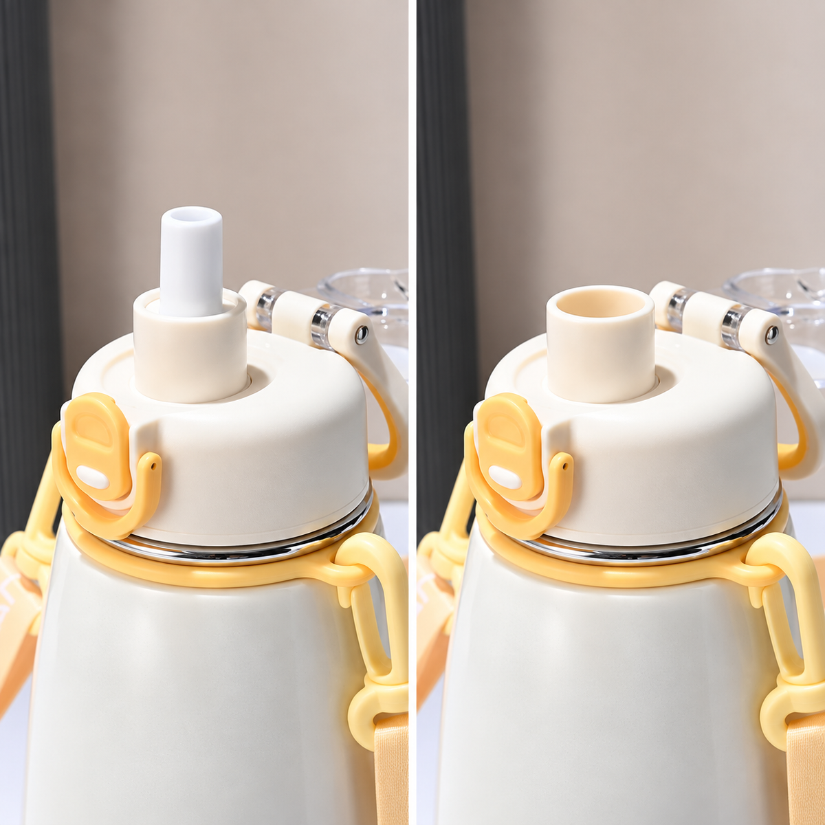 Gourde inox enfant blanche, couvercle fermé et ouvert