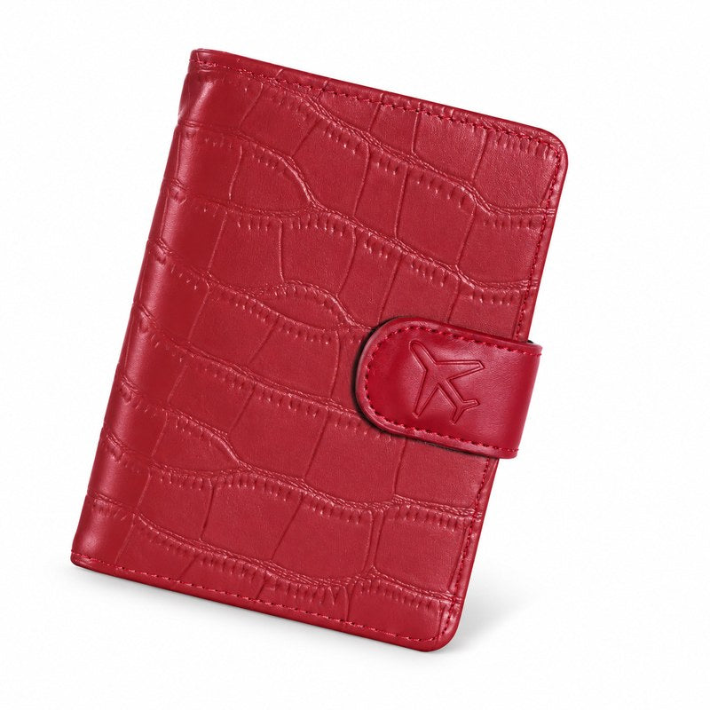 Portefeuille de voyage femme rouge, texture crocodile, vue de face