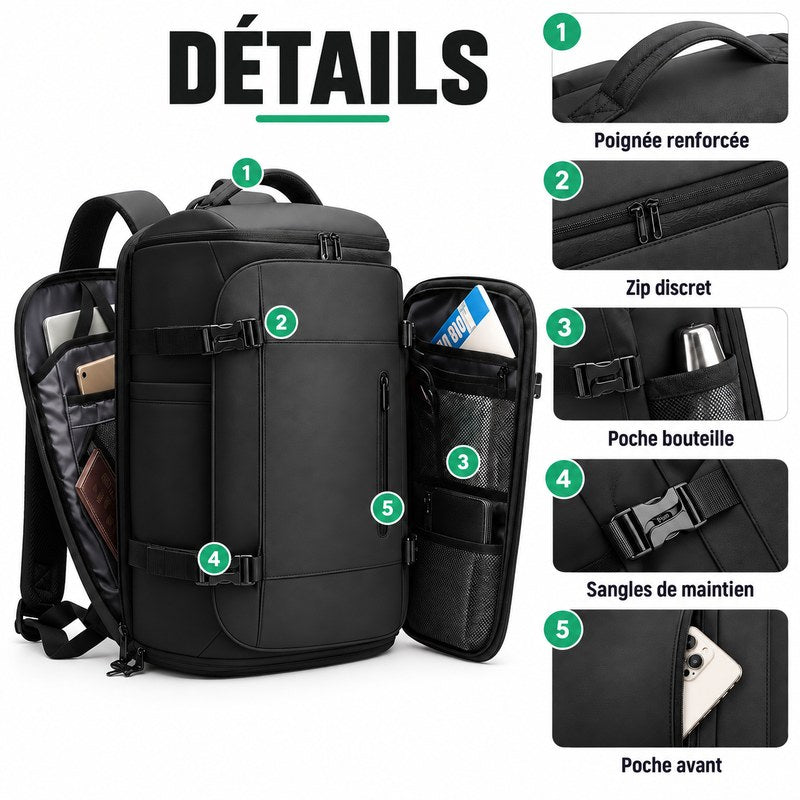 Sac à dos de voyage cabine homme, détails poignée renforcée, zip discret, poche bouteille, sangles, poche avant