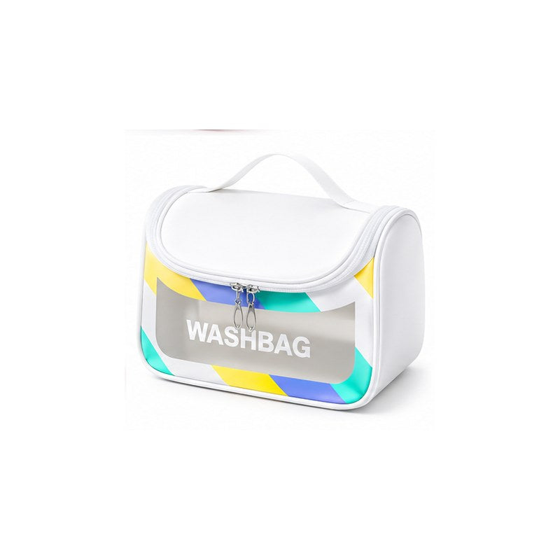 Trousse de toilette femme transparente blanche, vue de face fond blanc