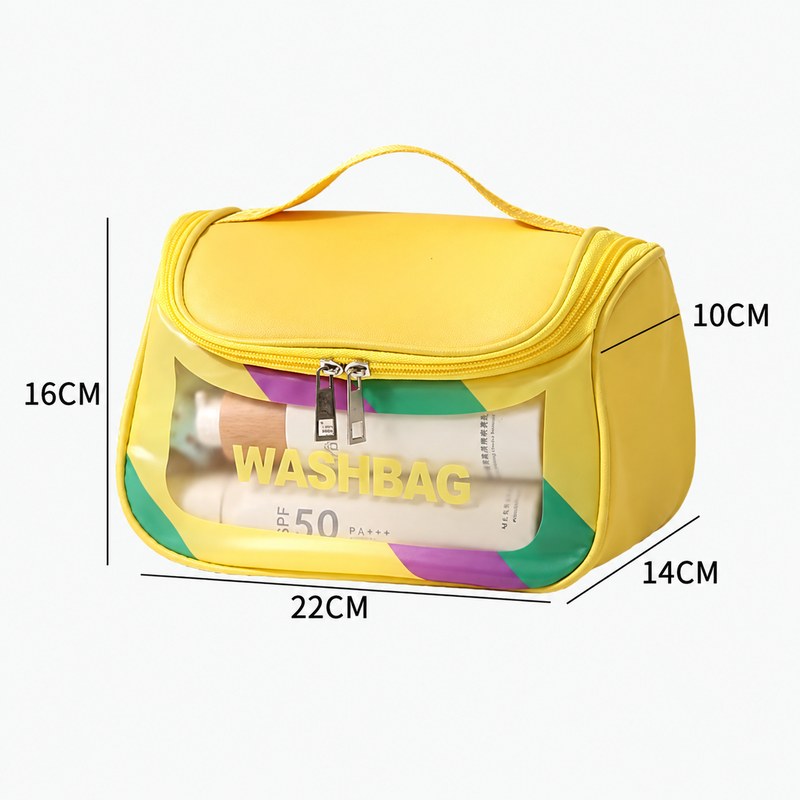 Trousse de toilette femme transparente jaune, dimensions 22 x 14 x 16 cm