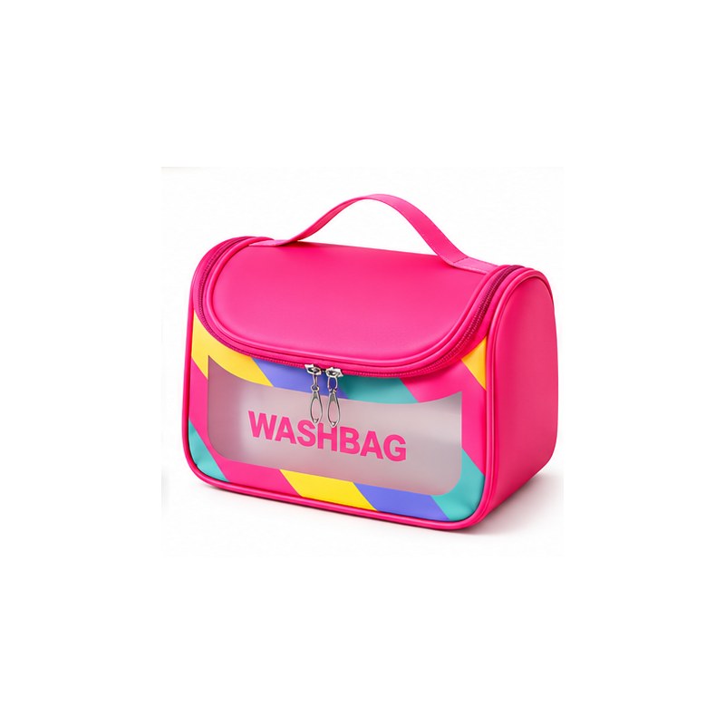 Trousse de toilette femme transparente fushia, vue de face fond blanc