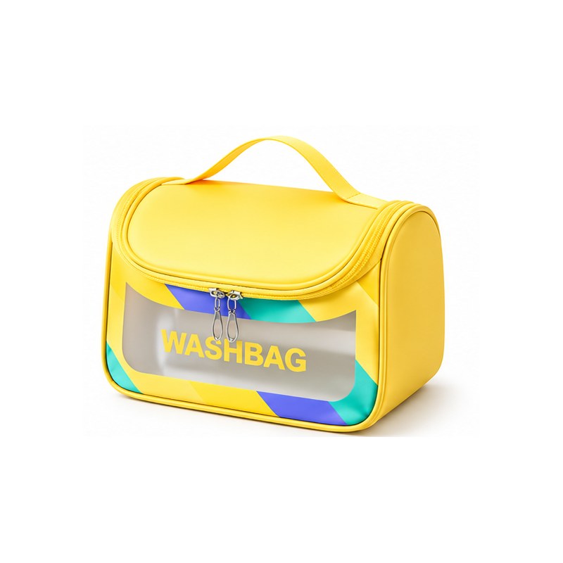 Trousse de toilette femme transparente jaune, vue de face fond blanc