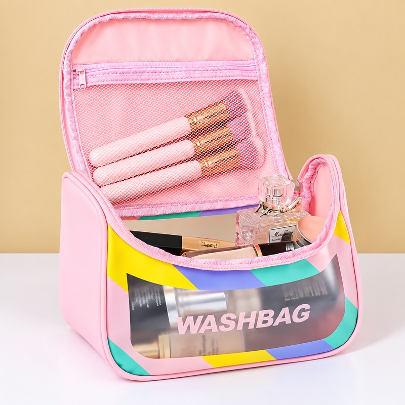 Trousse de toilette femme transparente rose, ouverte avec pinceaux et produits