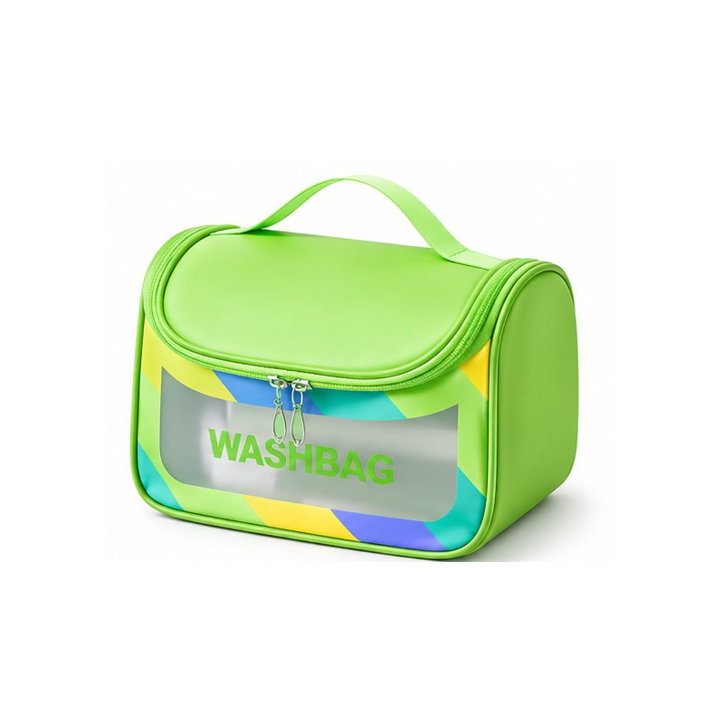 Trousse de toilette femme transparente verte, vue de face fond blanc